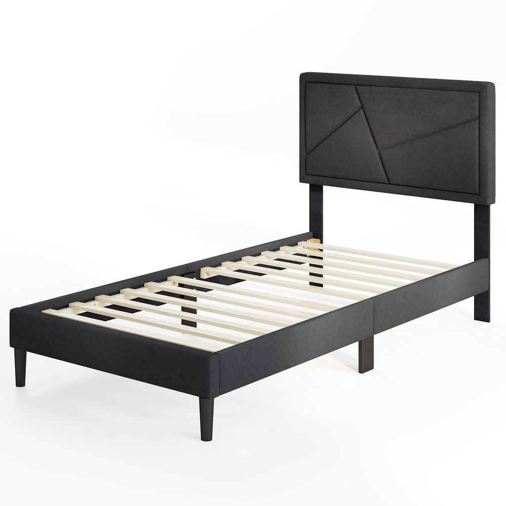 Twin size upholstered platform bed frame with high headboard, faux linen fabric, and robust plywood slats for mattress.
