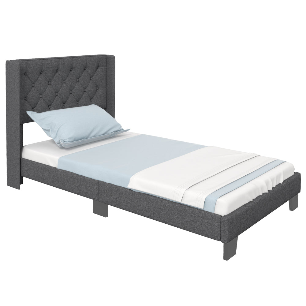 Twin size upholstered platform bed with button tufted headboard, solid wood slats, and durable polyester fabric for.