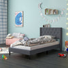 Twin size upholstered platform bed in gray with button tufted wingback headboard, ideal for bedroom or guest room.