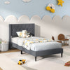 Twin size upholstered platform bed in gray with button tufted wingback headboard, ideal for bedrooms and guest rooms.