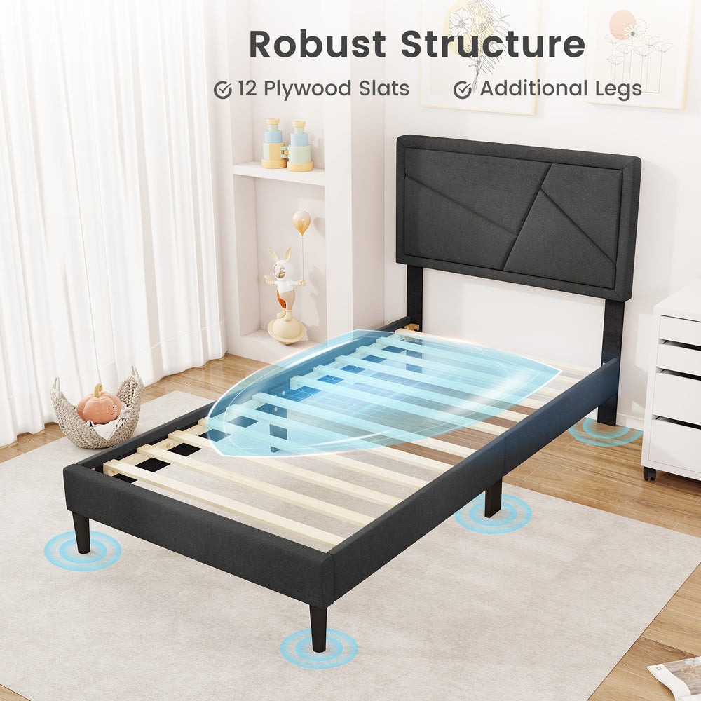 Upholstered platform bed frame with high headboard, robust structure, 12 plywood slats, and additional legs for.