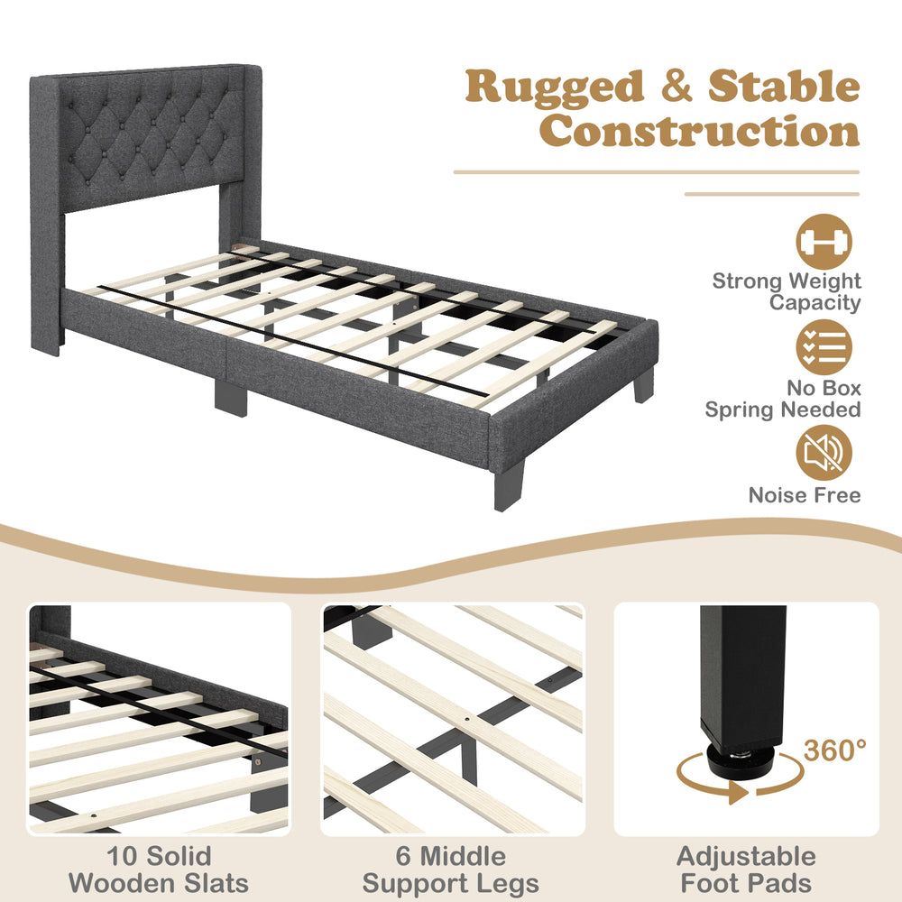 Upholstered platform bed with button tufted headboard, solid wooden slats, and adjustable foot pads for stability.