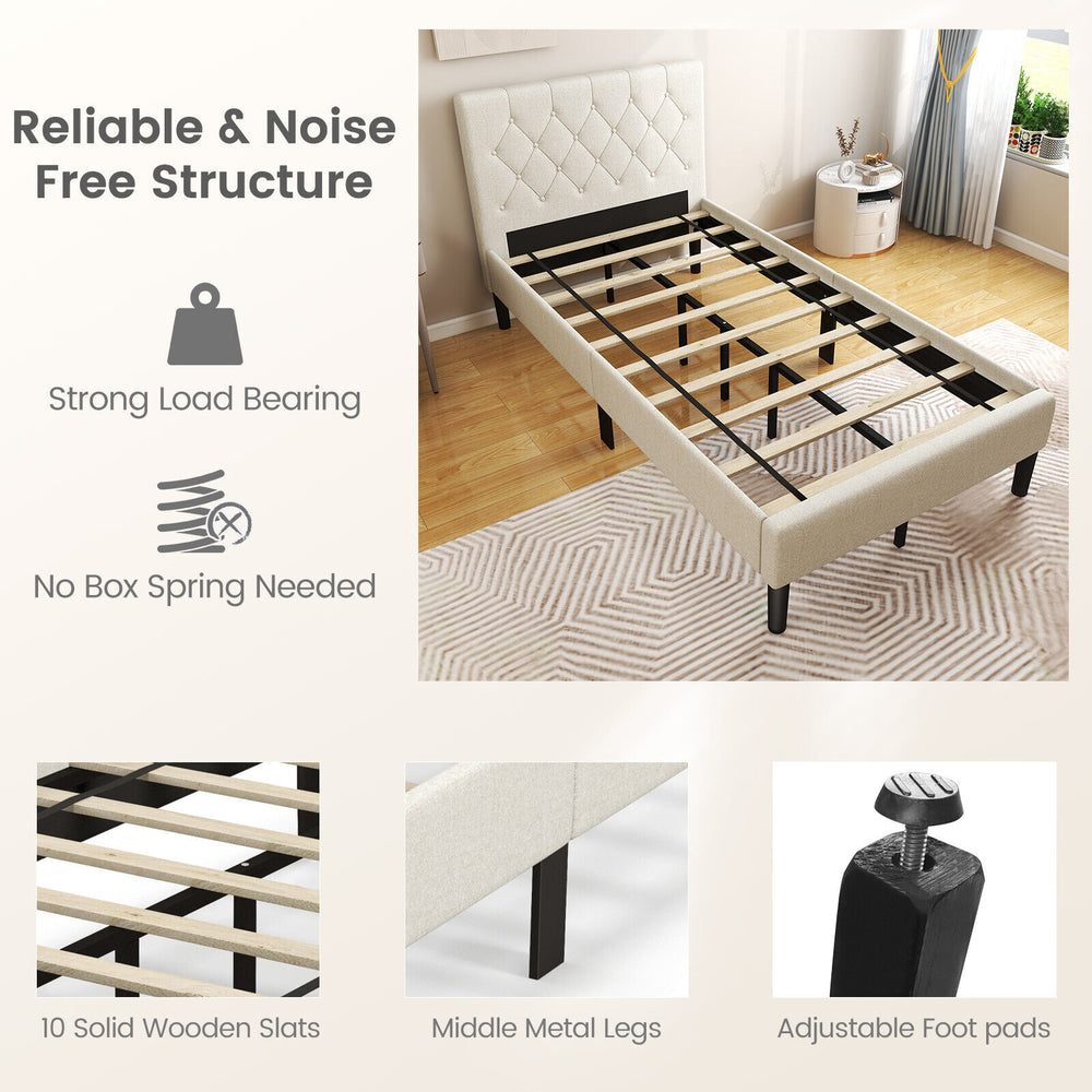 Twin size upholstered platform bed in beige with button tufted headboard, featuring solid wooden slats and adjustable.
