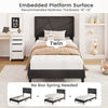 Upholstered twin bed frame with high headboard, faux linen fabric, embedded platform surface, no box spring needed.
