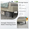 Twin size upholstered platform bed in beige with 8" under-bed storage space for easy cleaning and organization.
