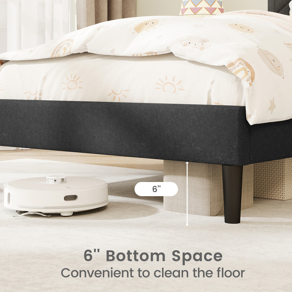 Upholstered platform bed frame with 6" bottom space for easy floor cleaning, featuring a high headboard and robust.