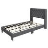 Twin size upholstered platform bed with button tufted headboard, solid wooden slats, and durable polyester fabric for.