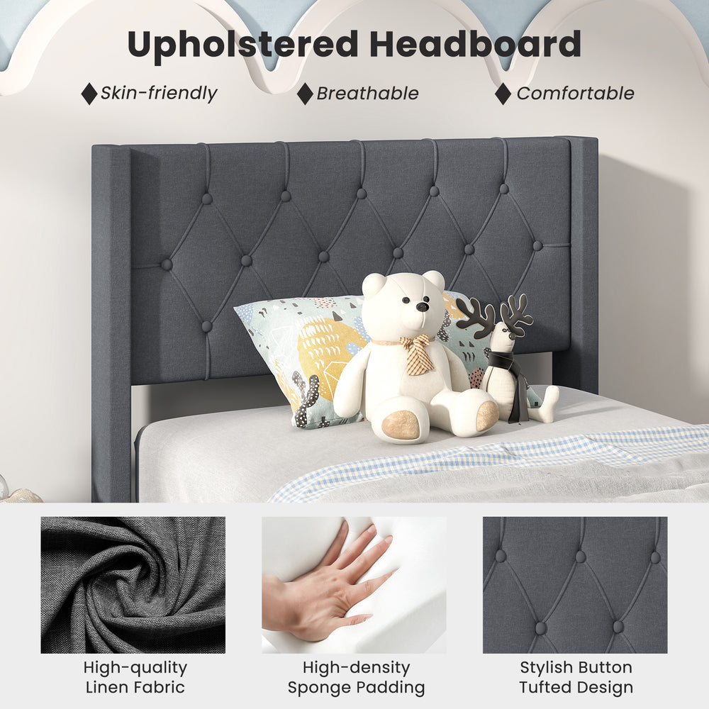 Twin size upholstered platform bed with gray button tufted headboard, featuring high-density sponge padding for comfort.