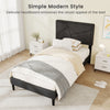 Upholstered platform bed frame with high headboard in modern style, featuring faux linen fabric and 12 plywood slats.