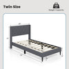 Twin size upholstered platform bed in gray with button tufted wingback headboard and solid wood legs for stability.