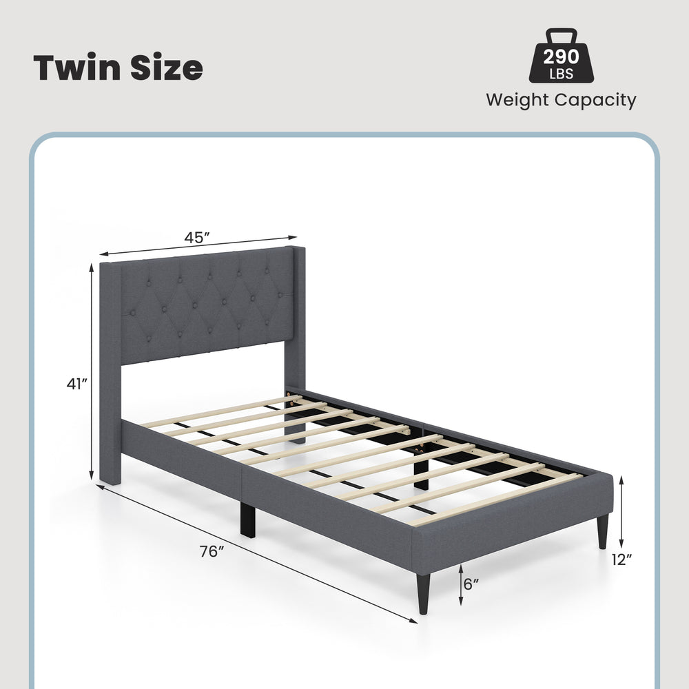 Twin size upholstered platform bed in gray with button tufted wingback headboard and solid wood legs for stability.