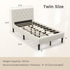 Twin size upholstered platform bed in beige with button tufted headboard, sturdy slats, ideal for bedroom or dorm use.