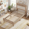Twin size wood bed frame with upholstered headboard, featuring robust construction and no-sliding design for mattress.