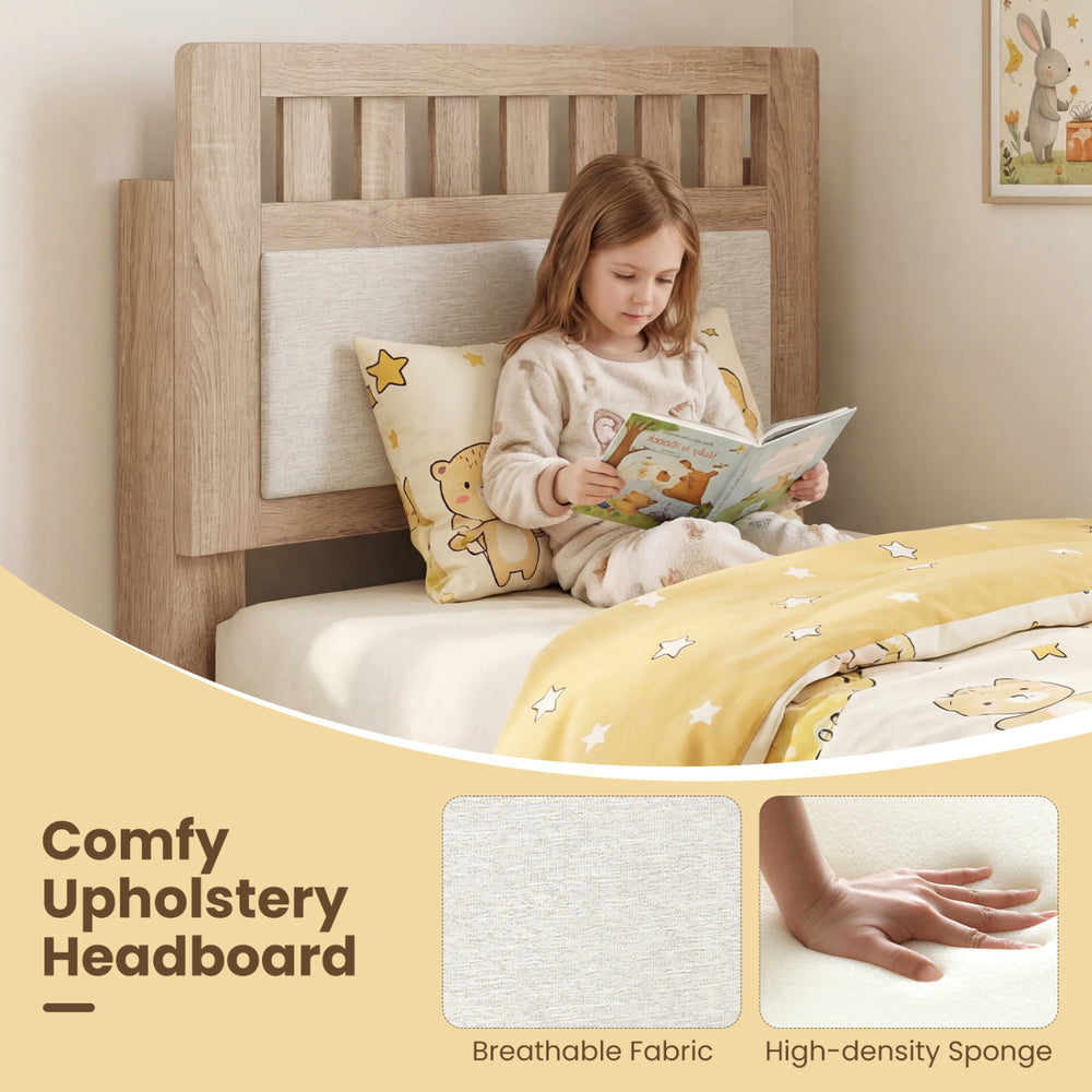 Twin size wood bed frame with upholstered headboard, featuring breathable fabric and high-density sponge for comfort.
