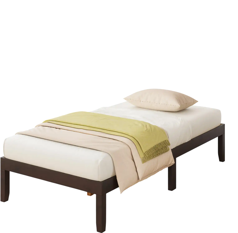 Twin wood platform bed frame in espresso with sturdy slats, minimalist design, and ample under-bed storage space.