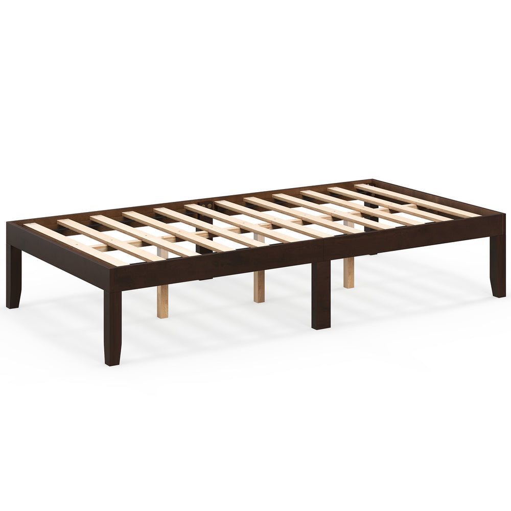 Twin wood platform bed frame in espresso with sturdy slats and 5 support legs for enhanced stability and storage space.
