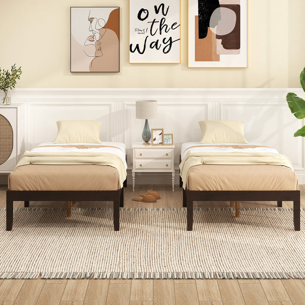 Twin wood platform bed frame in espresso finish with wooden slats, featuring a minimalist design and ample under-bed.