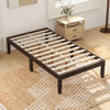 Twin wood platform bed frame in espresso with sturdy slats and five support legs for enhanced stability and storage.