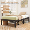 14-inch twin wood platform bed frame in espresso with ample under-bed space for storage boxes and cleaning tools.
