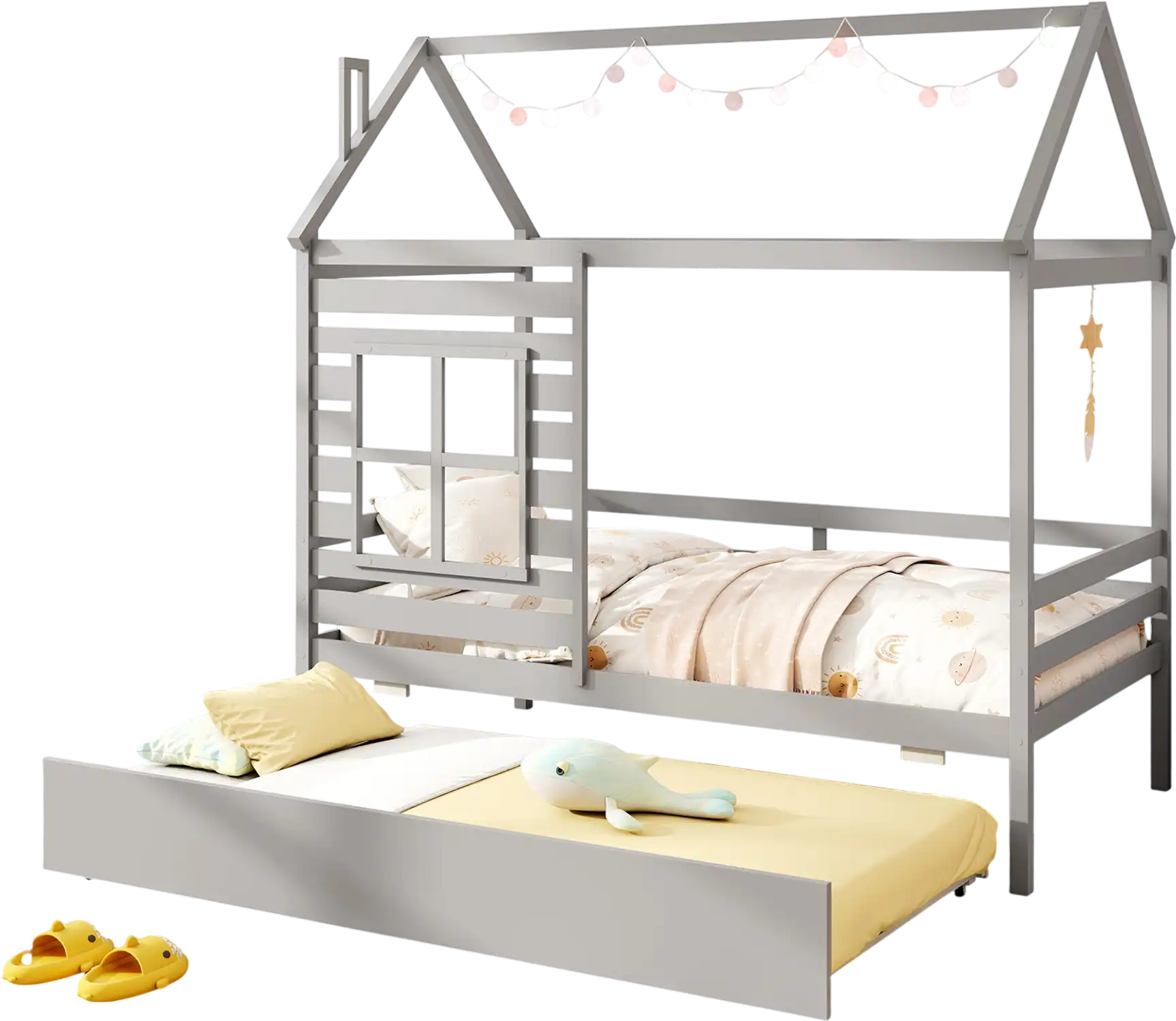 Costway Twin Wooden Platform House Bed w/ Trundle Roof Gray 248375961 New