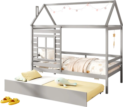 Costway Twin Wooden Platform House Bed w/ Trundle Roof Gray 248375961 New