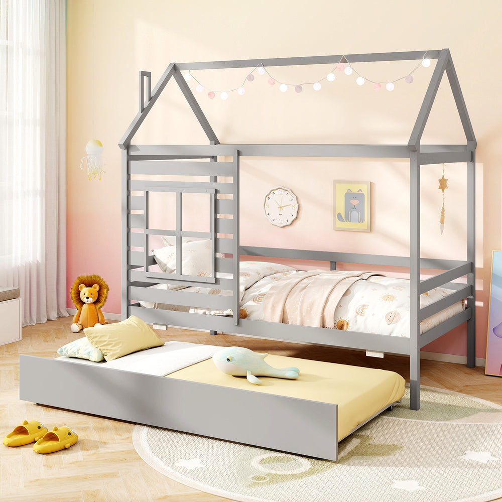 Twin Size Wooden Platform House Bed with Trundle and Roof-Grey - Gallery View 1 of 10
