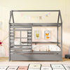 Twin size wooden platform house bed in grey with roof, decorative window, and slide-out trundle for space-saving sleep.