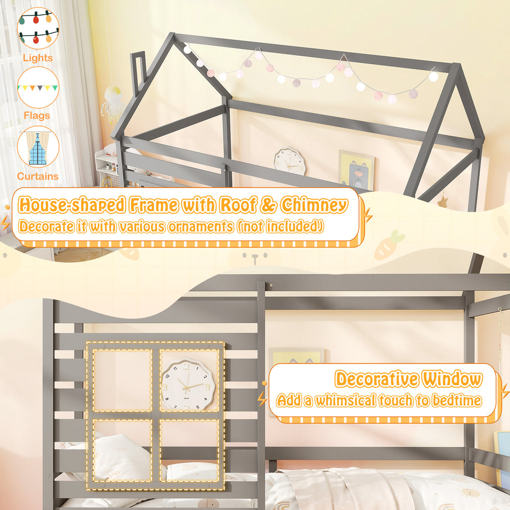 Twin size wooden platform house bed in grey with roof, chimney, and decorative window for a whimsical bedtime.
