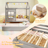 Twin size wooden platform house bed in grey with trundle, roof, and sturdy construction for safe sleep and playful.
