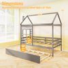 Twin size wooden platform house bed with trundle in grey, featuring a roof, guardrails, and dimensions for mattress.