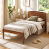 Twin size wooden platform bed frame with curved headboard in walnut finish, featuring minimalist design and ample under-bed storage.