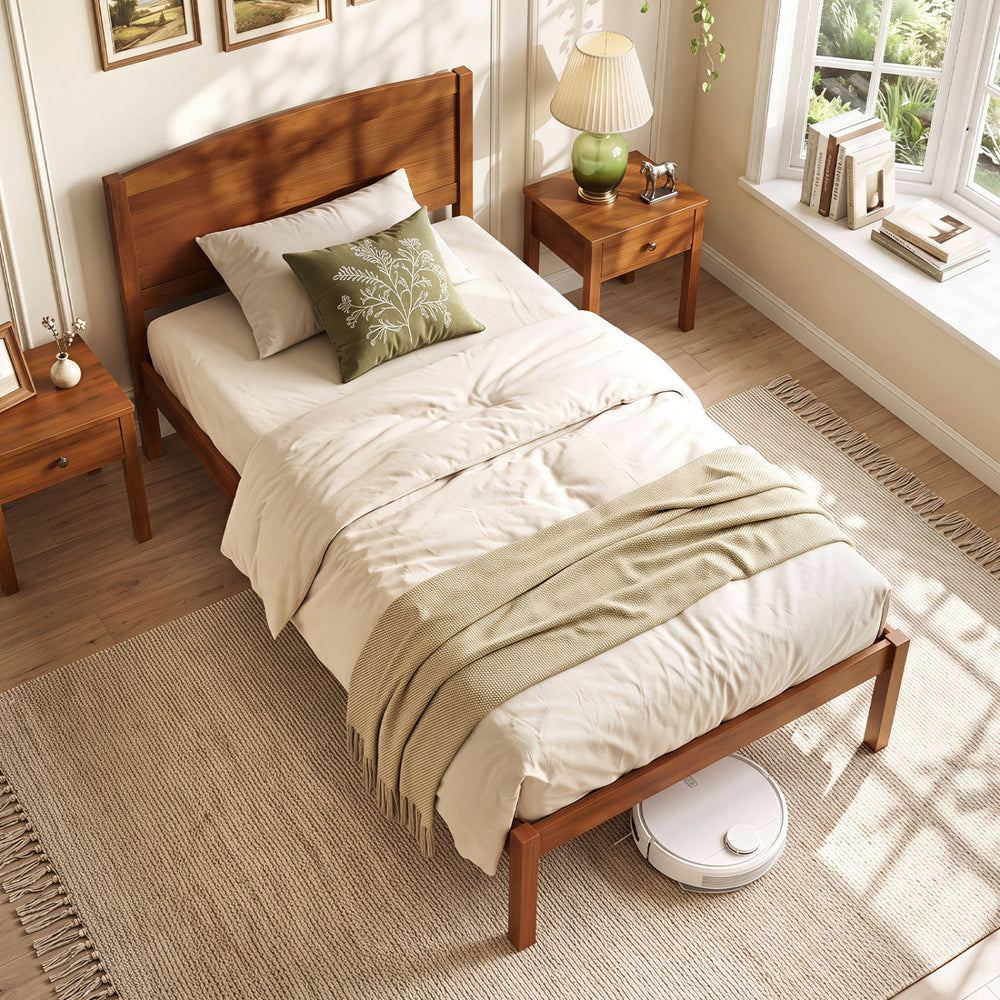 Twin size wooden platform bed frame with curved headboard in walnut finish, designed for minimalist modern bedrooms.