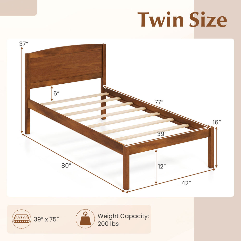 Twin size wooden platform bed frame with curved headboard in walnut finish, featuring 12" under-bed storage space.