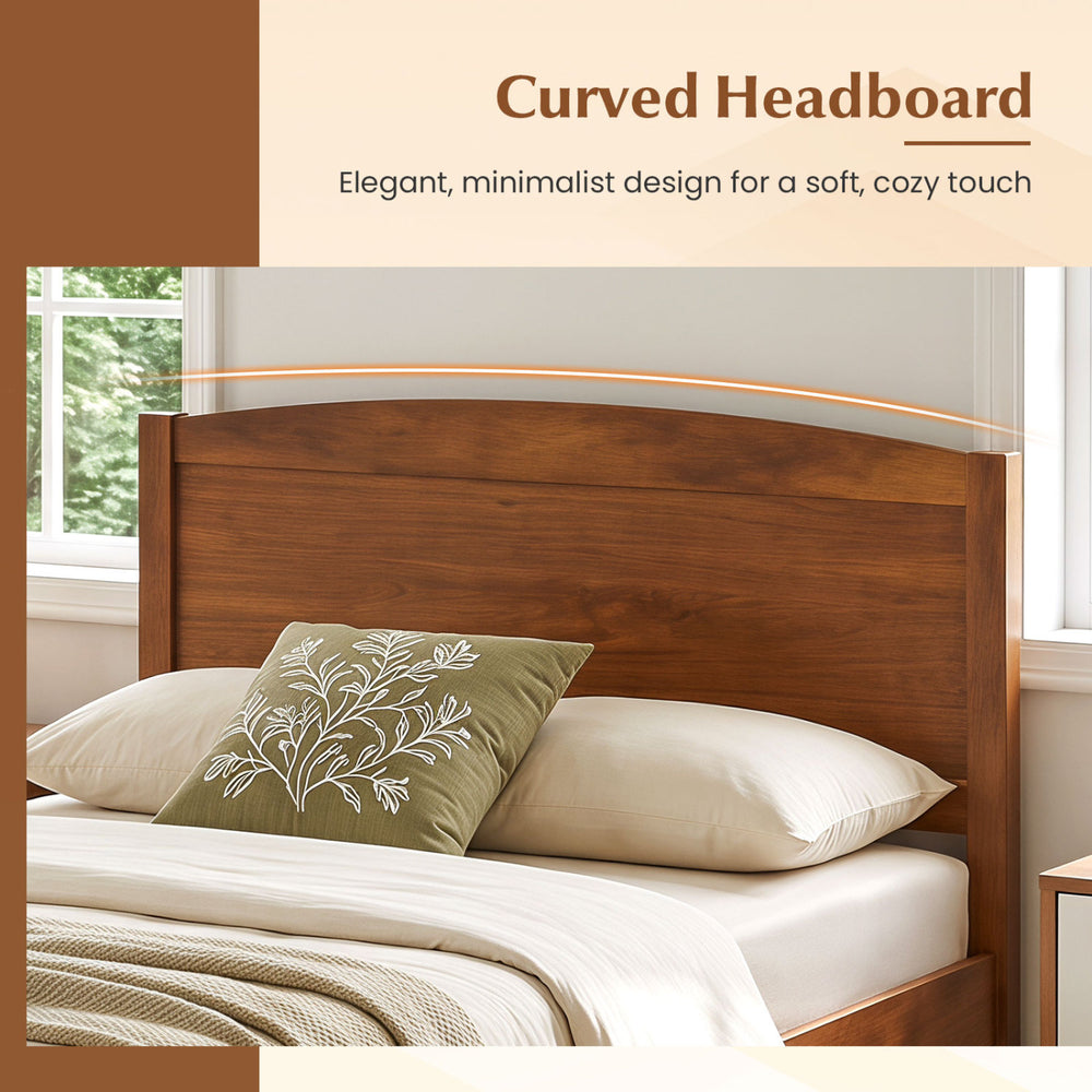 Twin size wooden platform bed frame with a curved headboard in walnut, featuring a minimalist design for modern rooms.