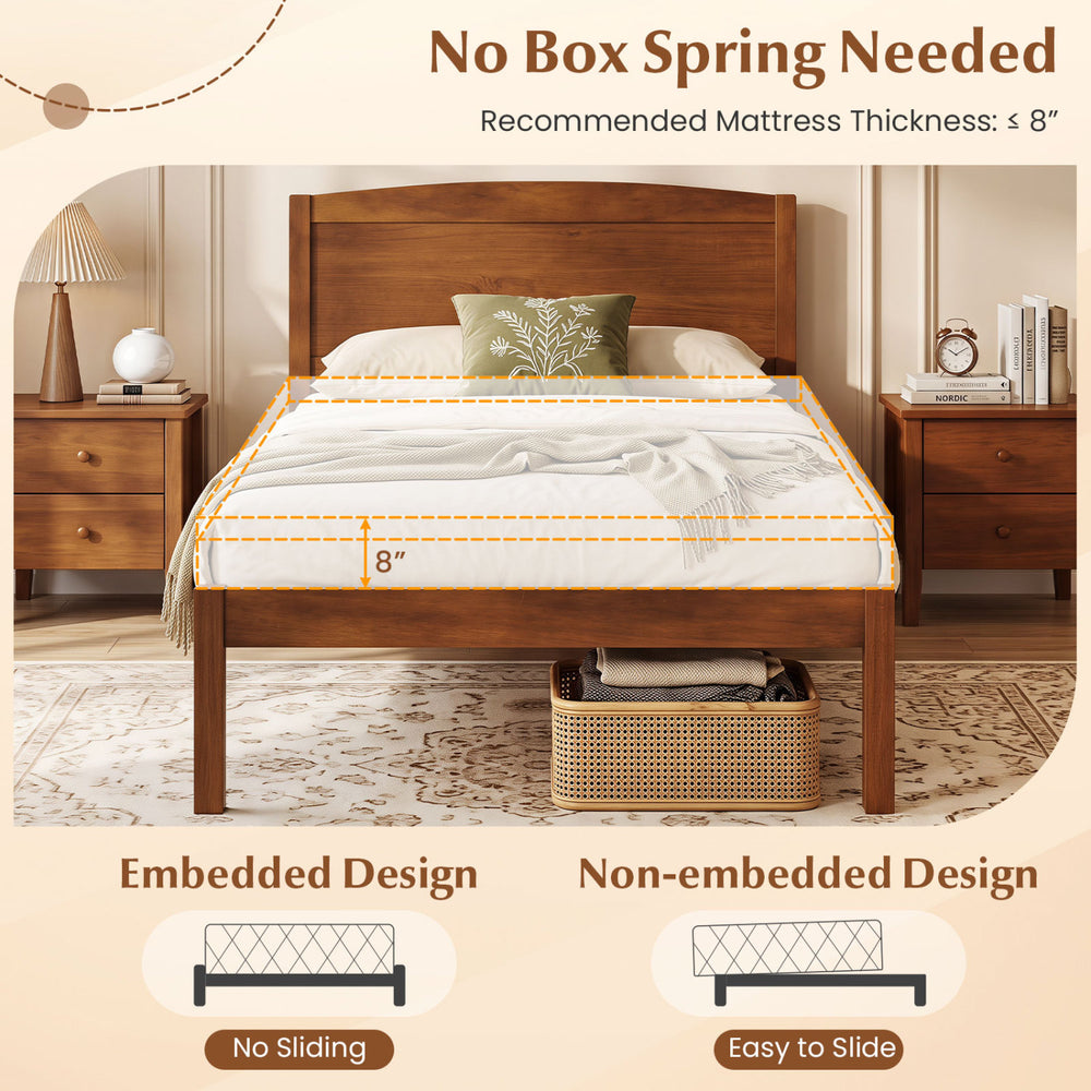 Twin size wooden platform bed frame with curved headboard in walnut, featuring an embedded design for no mattress sliding.