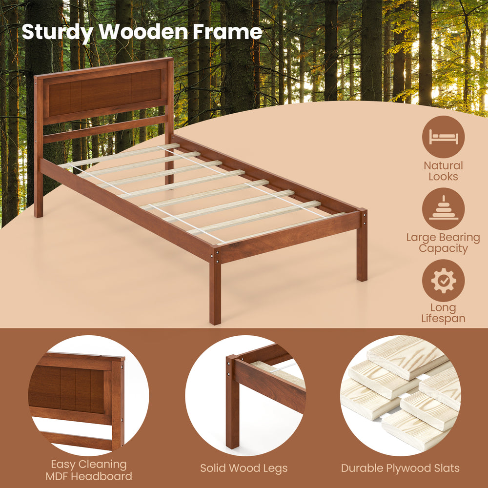 Twin size bed frame featuring a clean MDF headboard, solid wood legs, and durable plywood slats for strong mattress.