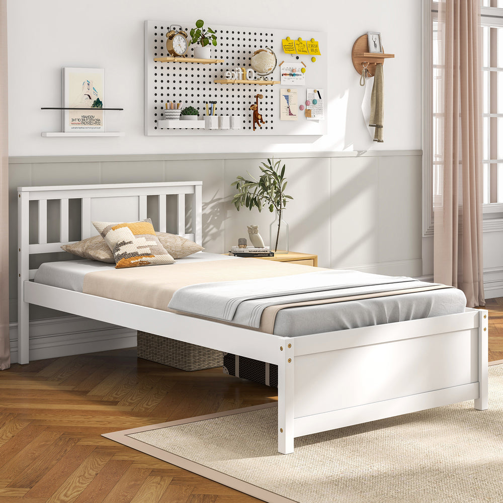 Wooden Platform Bed with Headboard and Wood Slat Support White-Twin Size - Gallery View 1 of 11