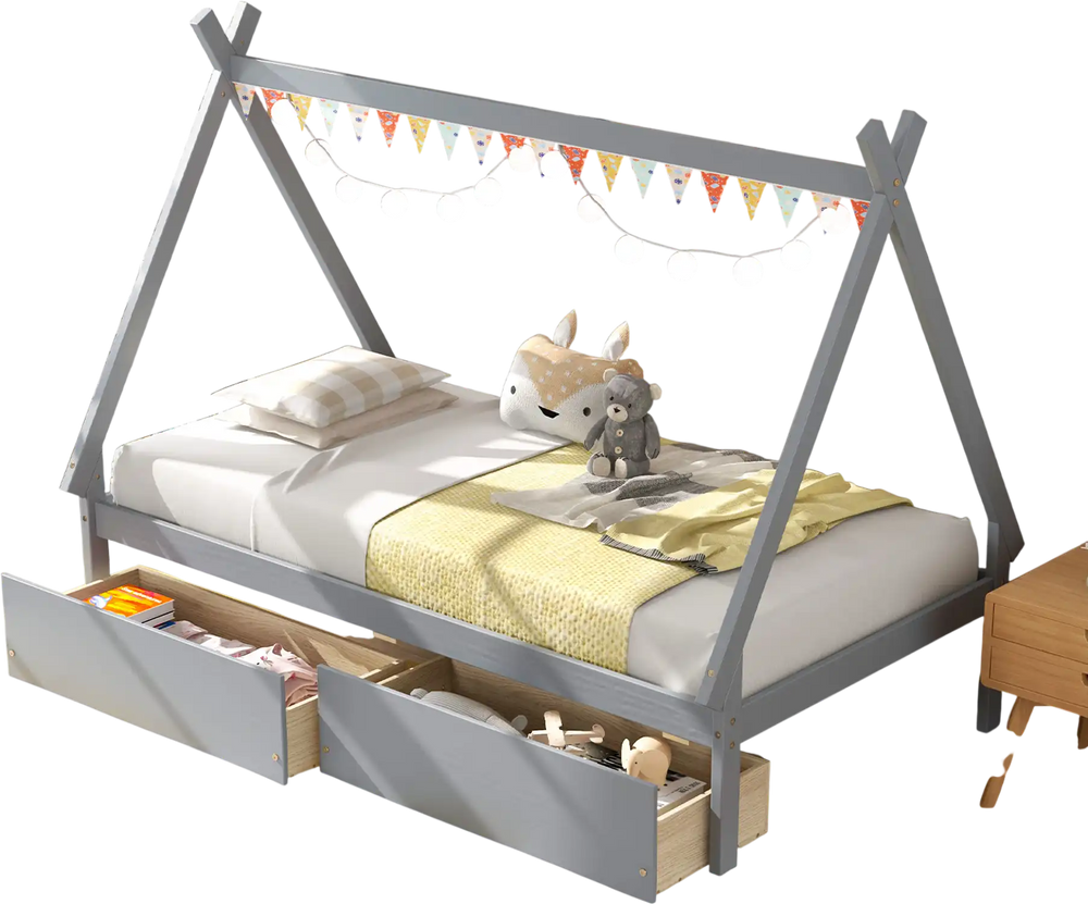 Twin size gray wooden tent platform house bed with two storage drawers, perfect for kids' rooms and sleepovers.