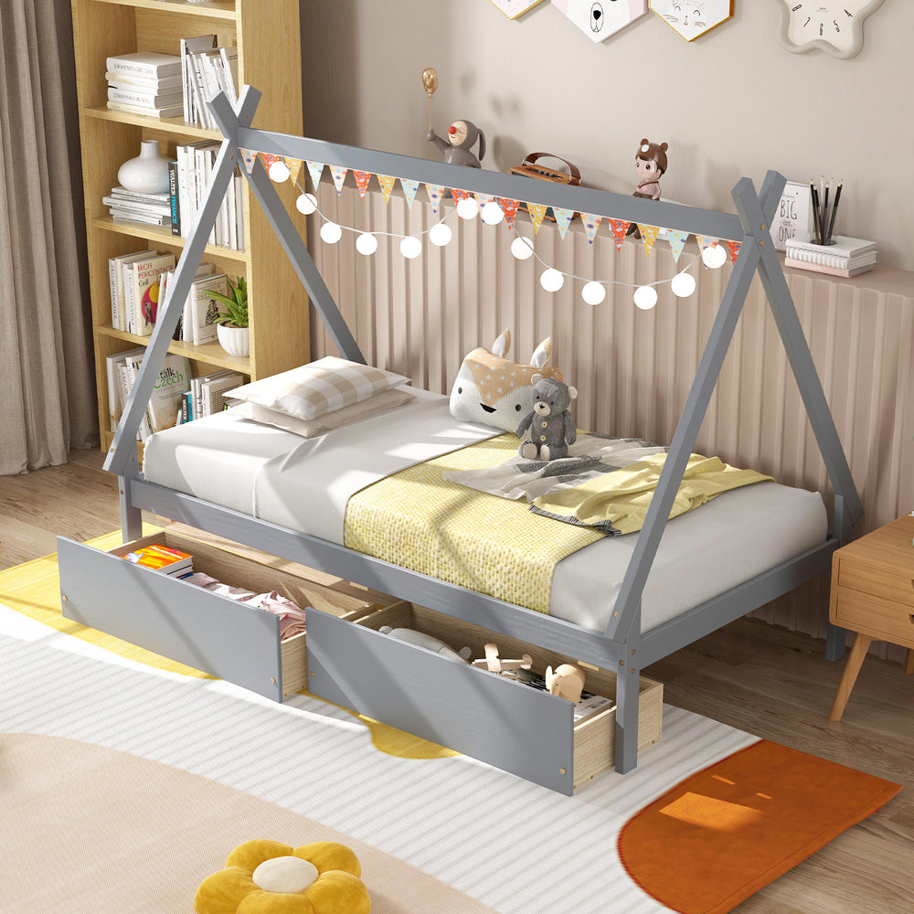 Twin Size Wooden Tent Platform House Bed with 2 Drawers-Gray - Gallery View 1 of 10