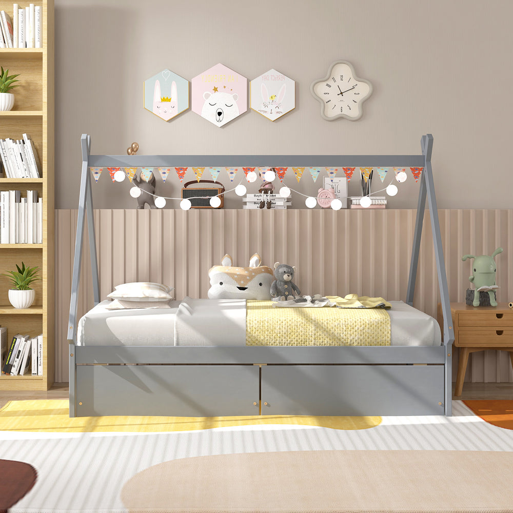 Twin size gray wooden tent platform house bed with two storage drawers, perfect for children's rooms and stylish decor.