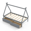 Twin size gray wooden tent platform house bed with two storage drawers and slatted design for mattress support.