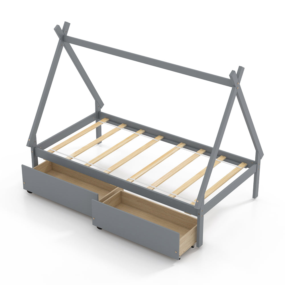 Twin size gray wooden tent platform house bed with two storage drawers and slatted design for mattress support.