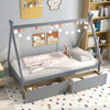 Twin size wooden tent platform house bed in gray with two storage drawers, perfect for children's rooms and.