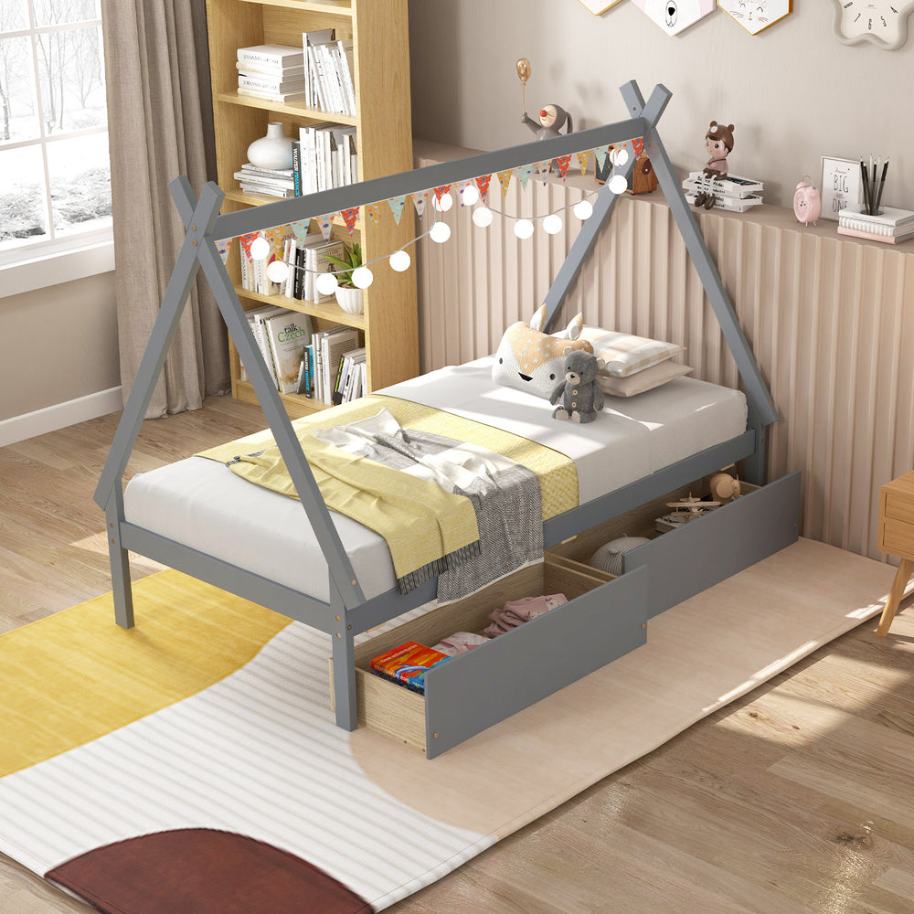 Twin size gray wooden tent platform house bed with two storage drawers, perfect for kids' rooms and easy organization.
