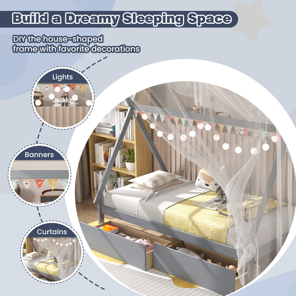 Twin size wooden tent platform house bed in gray with two drawers, perfect for a cozy and organized sleeping space.