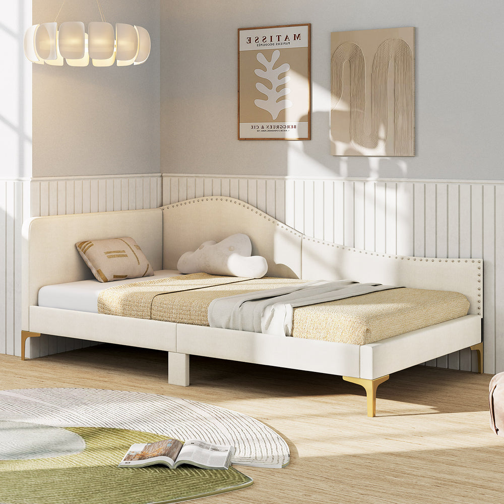 Full/Twin Size Upholstered Daybed with Metal Legs and Wood Slats-Twin Size - Gallery View 1 of 10