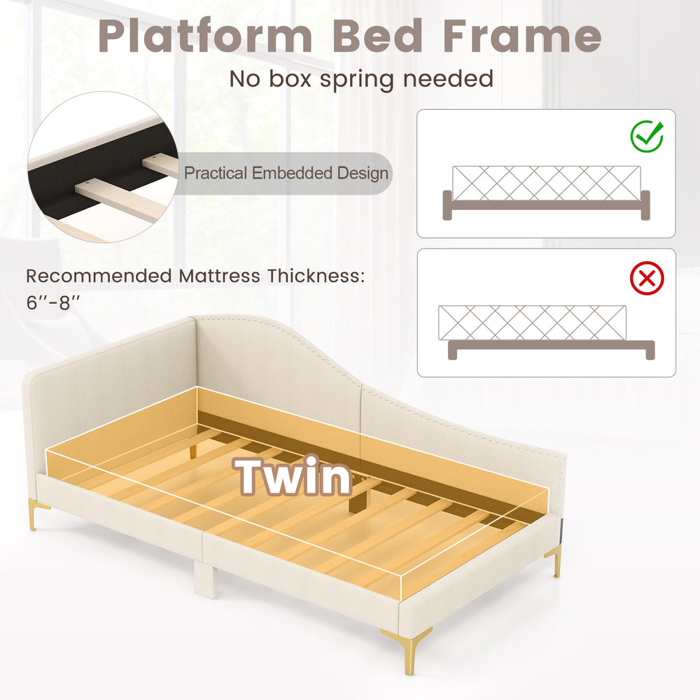 Twin size upholstered daybed with metal legs and wood slats, featuring a practical embedded design for mattress support.