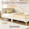 Upholstered twin/full size daybed with 6" under-bed space for easy sweeping, featuring metal legs and wood slats.