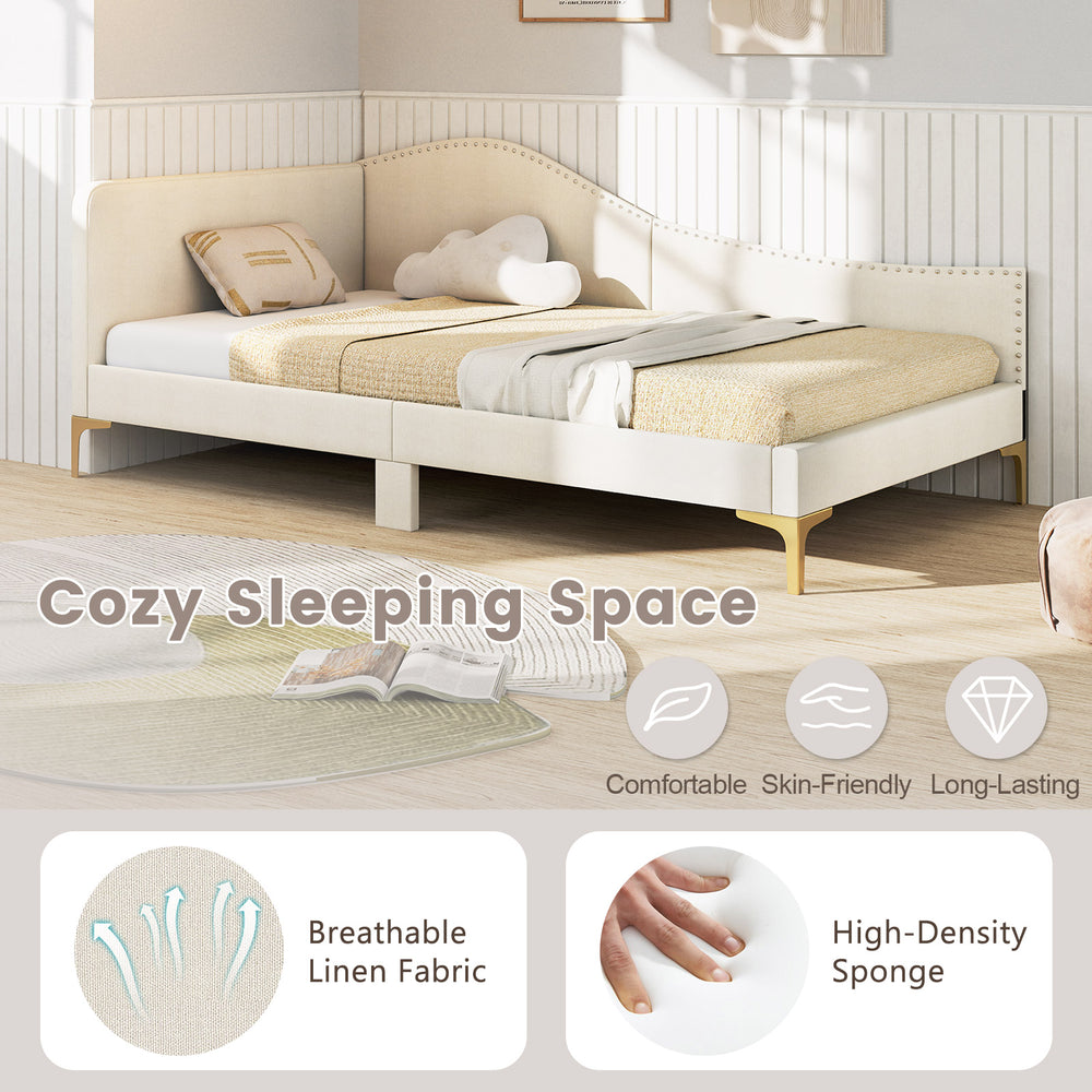 Upholstered twin size daybed with breathable linen fabric and metal legs, perfect for versatile sleeping and lounging.