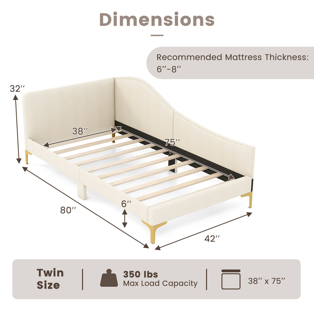 Twin size upholstered daybed dimensions with 10 plywood slats and 350 lbs capacity for versatile sleeping and lounging.